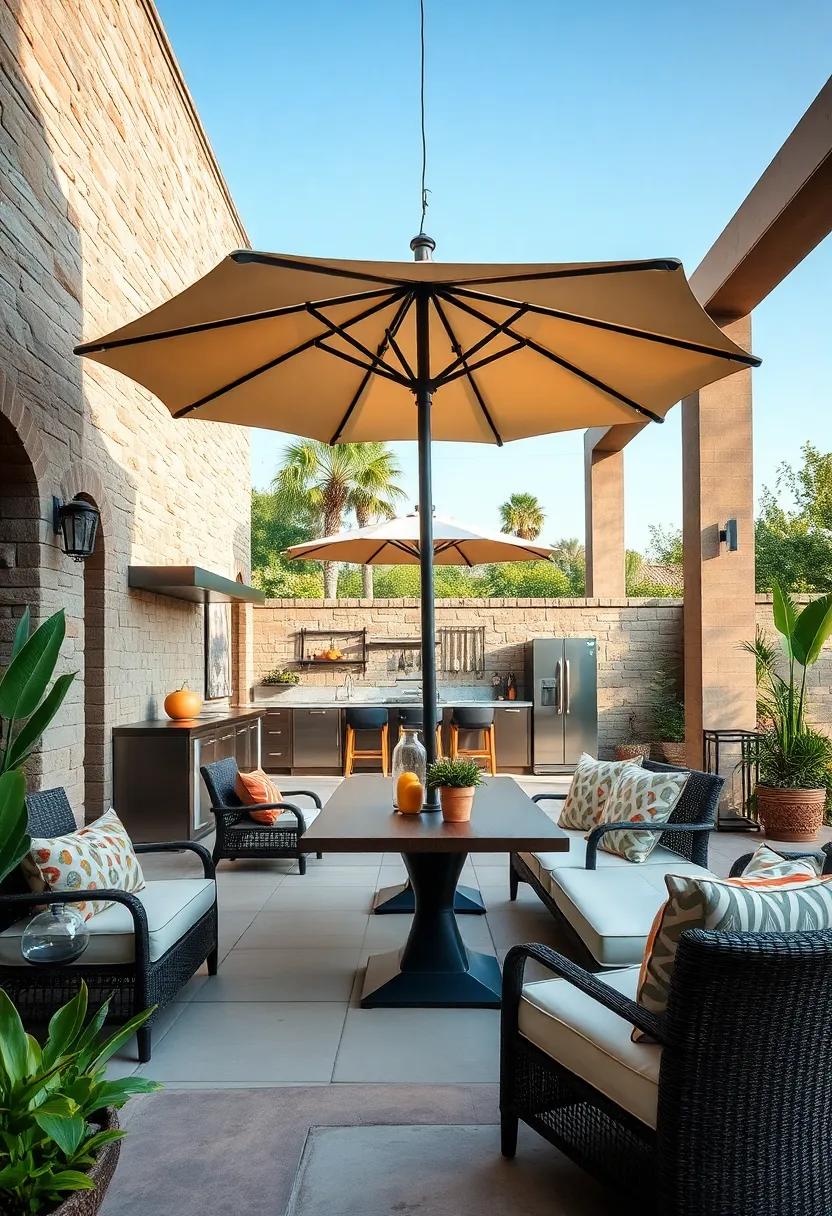 Chic Umbrella: Use stylish umbrellas to provide shade over your dining area while complementing your overall design