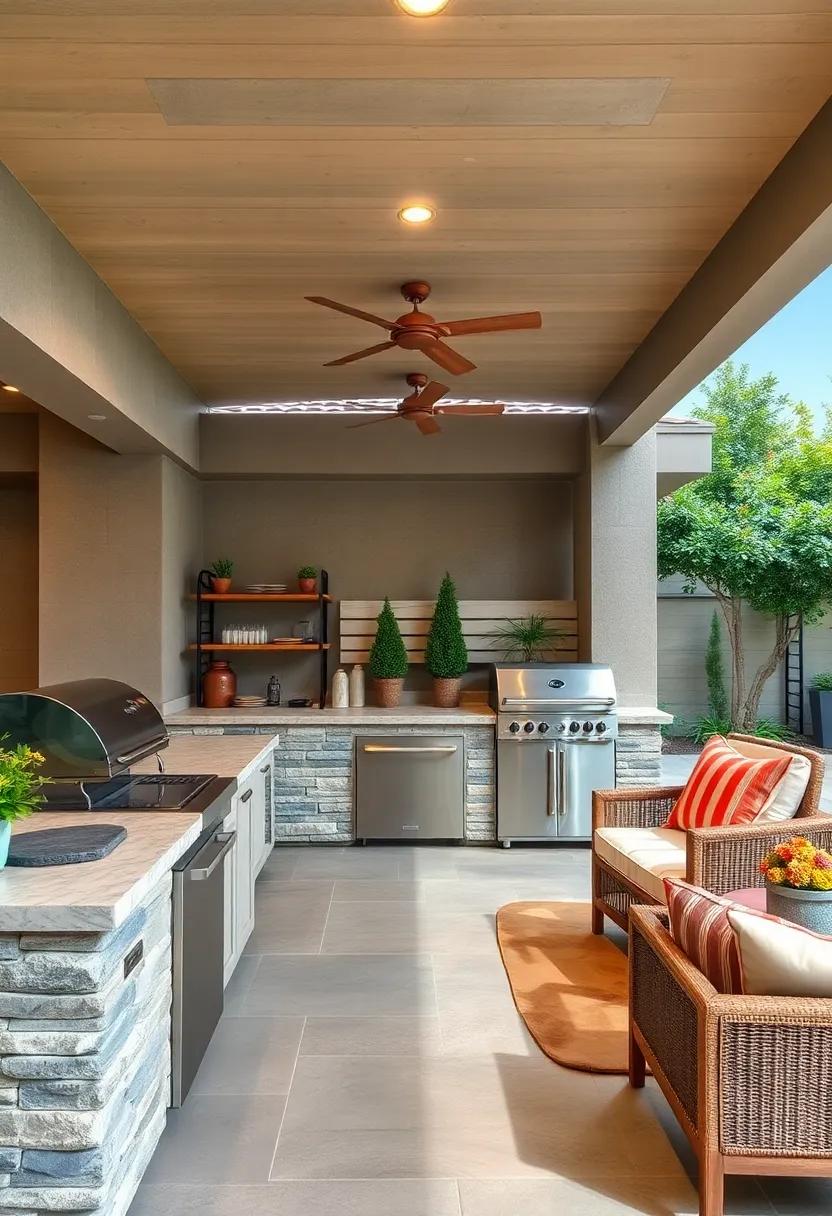 Natural Stone Surfaces: Opt for a stone countertop that adds durability and a rustic aesthetic to your outdoor kitchen