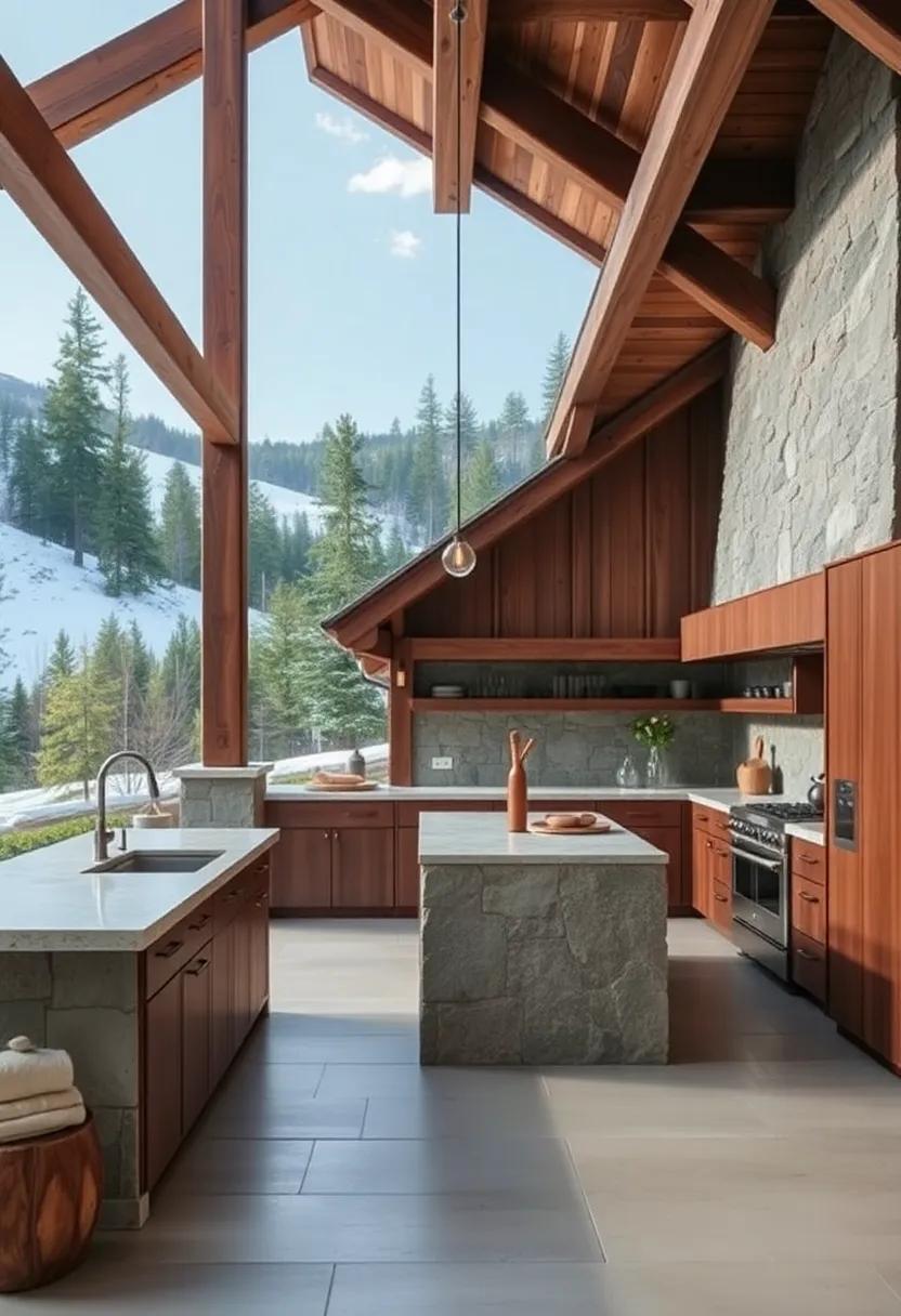 Alpine aesthetic: A mountain-inspired kitchen featuring ‍a ‍stone ⁢island​ and‌ rustic wooden beams, creating a⁤ cozy retreat amidst nature’s splendor
