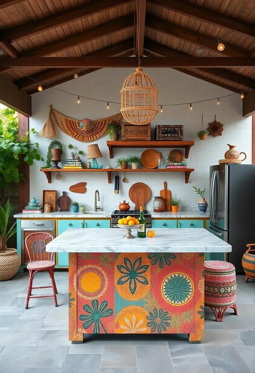 Bohemian ‌Bliss: A whimsical outdoor kitchen with a colorful island, ⁢adorned with eclectic decorations and a‌ relaxed vibe for casual get-togethers
