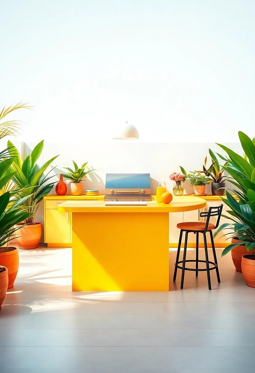 Bold and Bright: A vibrant ‌outdoor setup featuring‌ a citrus-hued island surrounded by⁣ tropical plants, creating a lively atmosphere for summer barbecues
