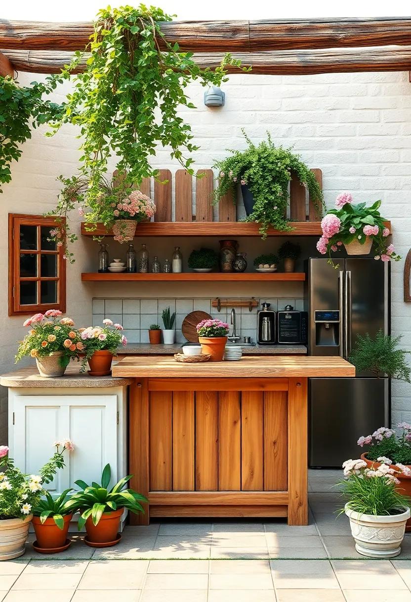 Charming⁢ Cottage: A quaint outdoor kitchen ⁣with⁤ a charming island adorned with ​flowering ‌plants, radiating warmth and welcome​ for all