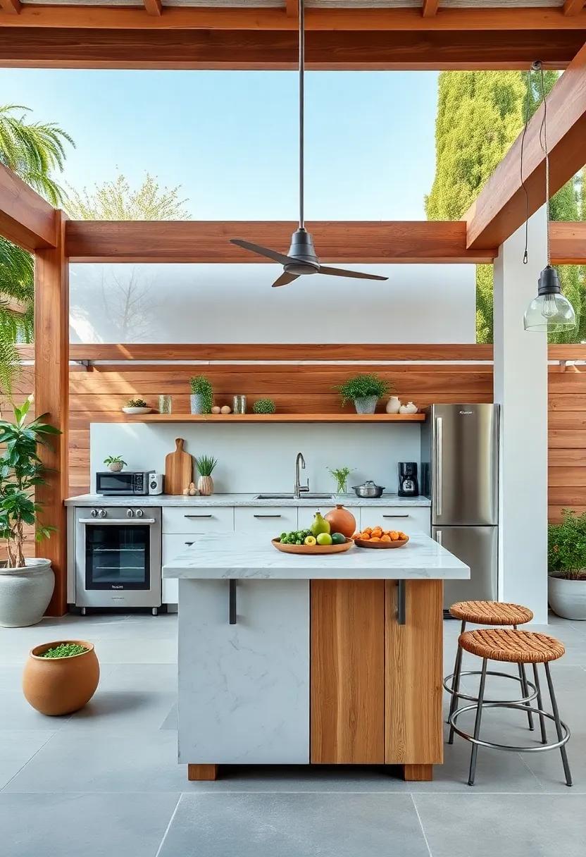 Eco-Friendly Design: A sustainable ⁣outdoor⁣ kitchen with a repurposed ⁤island and⁢ energy-efficient appliances, perfect for‍ the environmentally‍ conscious ​chef