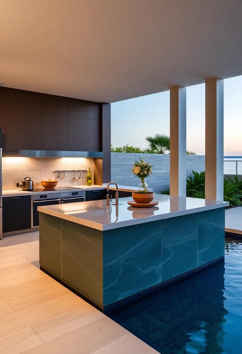 Poolside ⁣Paradise: A sleek and contemporary outdoor kitchen with a swim-up bar island, providing a refreshing ⁤way to⁤ enjoy sunny ‍days