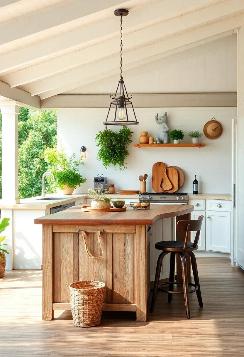 Rustic Elegance: A charming farmhouse kitchen with a weathered wood island, complete with hanging⁢ herbs and vintage lighting for⁢ a cozy touch