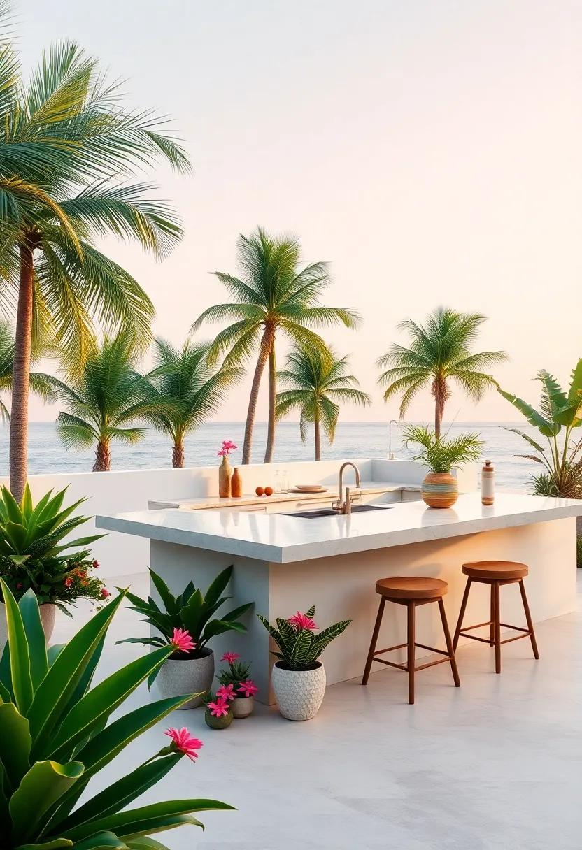 Tropical Retreat: An island enveloped by palm ⁤trees ‍and tropical flowers, offering a vibrant escape for cooking and socializing