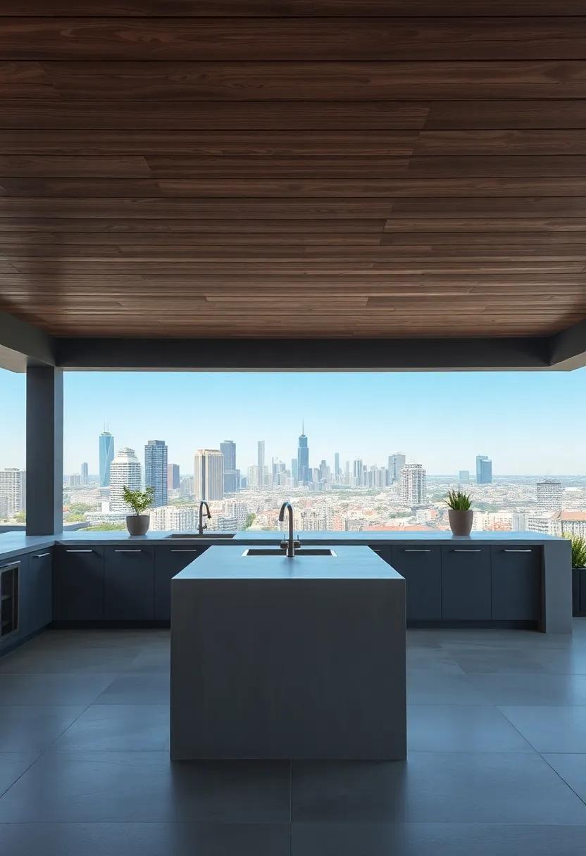 Urban Oasis: A chic, minimalist outdoor ⁢kitchen ​boasting a sleek ​concrete island and ​city skyline views,‌ perfect for ⁤entertaining ⁤friends