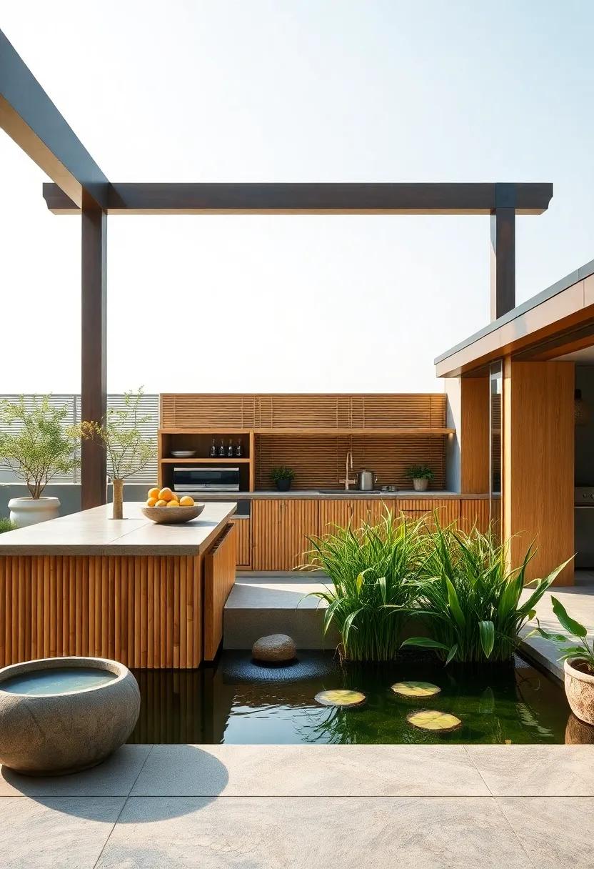 Zen‍ Retreat: An Asian-inspired outdoor⁣ kitchen with a bamboo island and calming water features ⁢that provide a‍ serene backdrop for cooking and dining