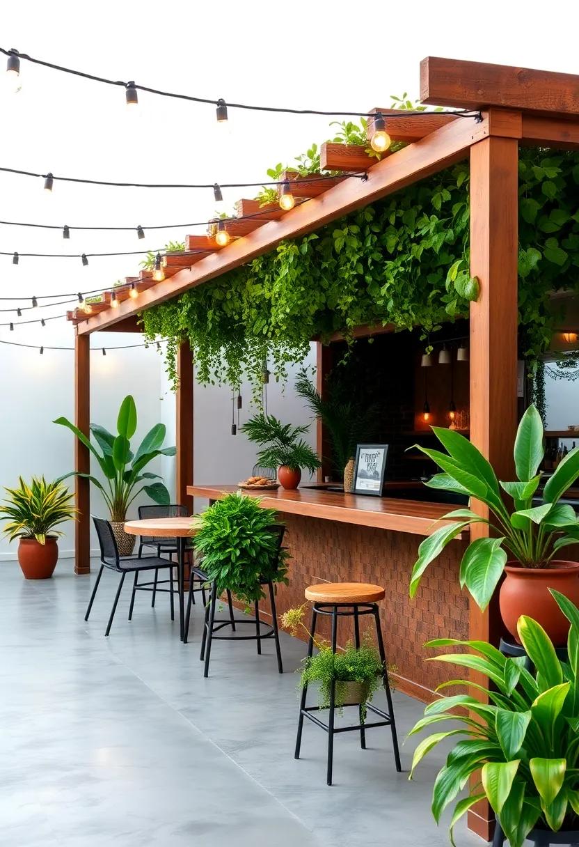 Lush Greenery: Enhancing Patio Bars with Plants and String lighting