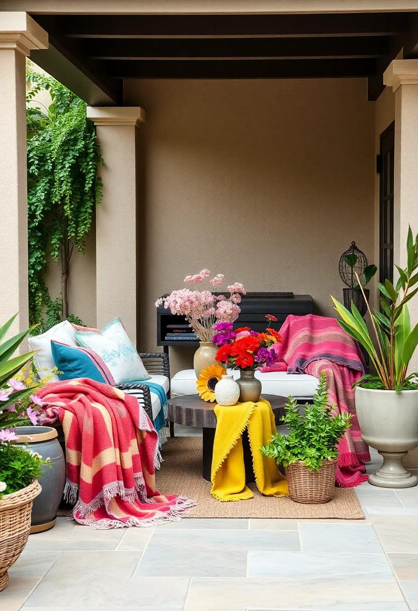Colorful Cluster:⁤ Mix and match bright throws wrapped⁢ around ⁢vases and planters‍ for a playful ‌and joyful patio display