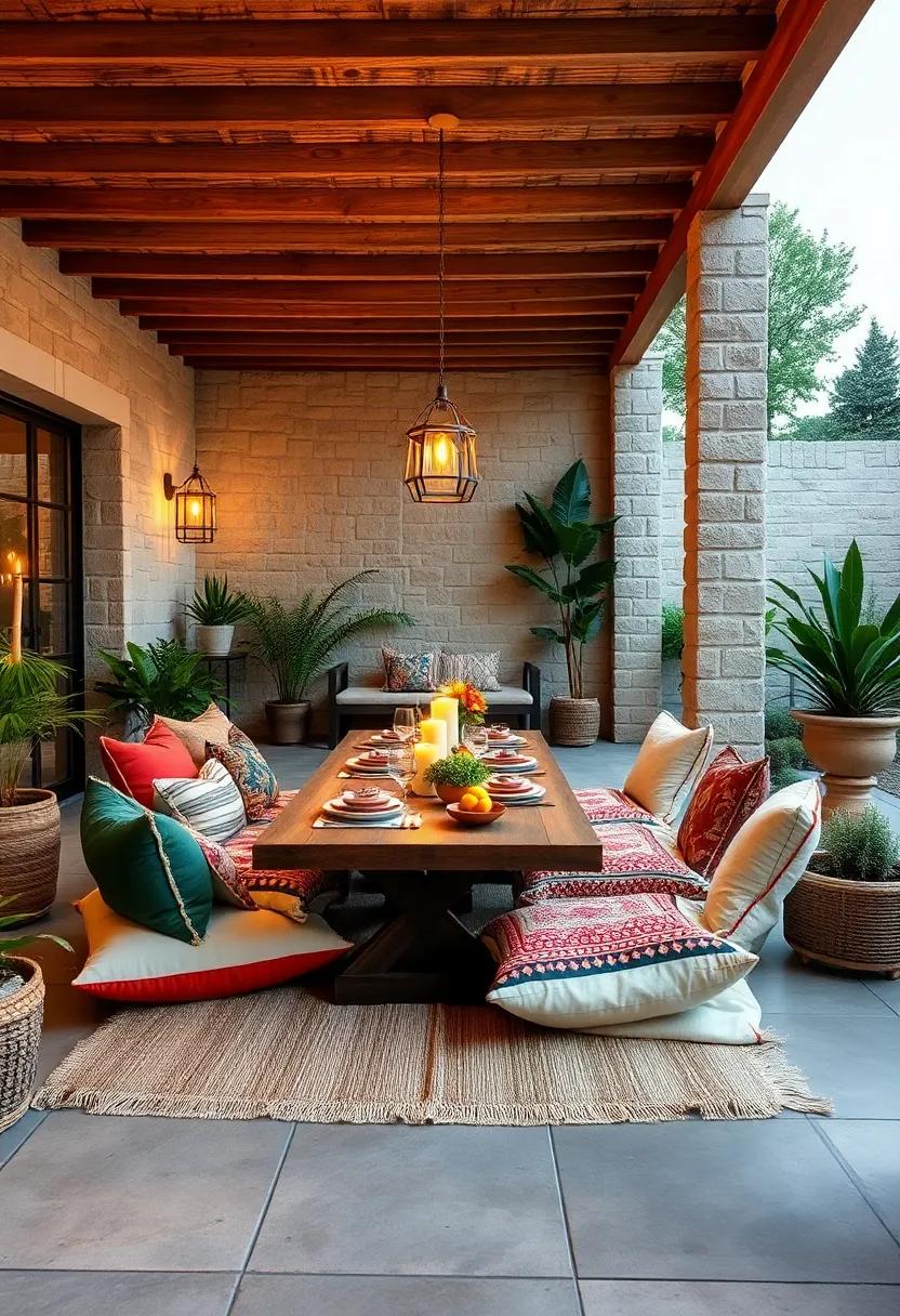 Bohemian Bliss: Layered textiles and a low,expansive table adorned with colorful cushions create a laid-back vibe perfect for long,leisurely meals