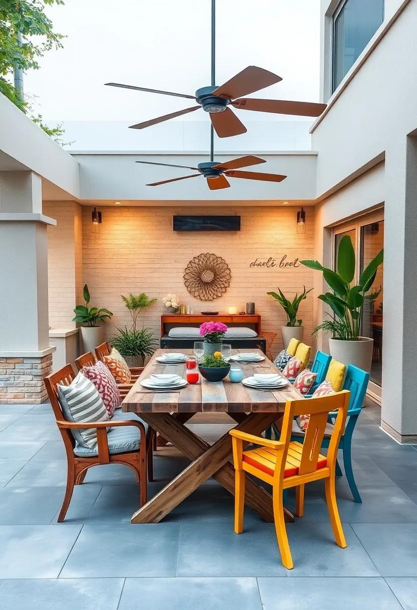 Chic upcycling: Create a unique dining experience with repurposed furniture—old crates or pallets can become a rustic table, paired with colorful chairs