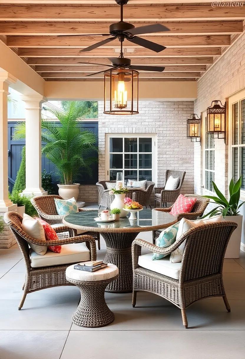 Coastal Retreat: Light-hued wicker furniture paired with ocean-inspired décor makes your patio feel like a seaside escape, no matter where you live