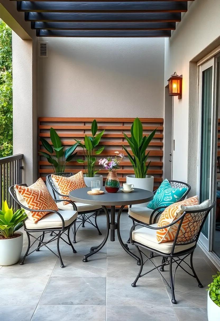 Cozy Compact Corner: Transform a small balcony with a round bistro set, complete with vibrant cushions that invite lingering conversations over coffee or wine
