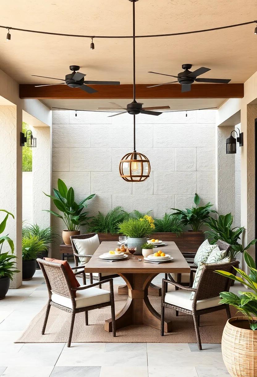 Earthy Tones: warm browns and greens in your furniture and accessories enhance a natural feel, harmonizing with the outdoor environment for a tranquil dining experience