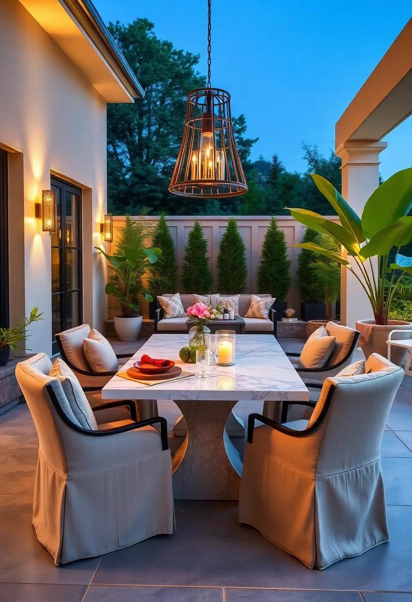 Elegant enclave: Achieve sophistication with a marble-topped table and plush upholstered chairs, ideal for hosting upscale dinner parties under the stars