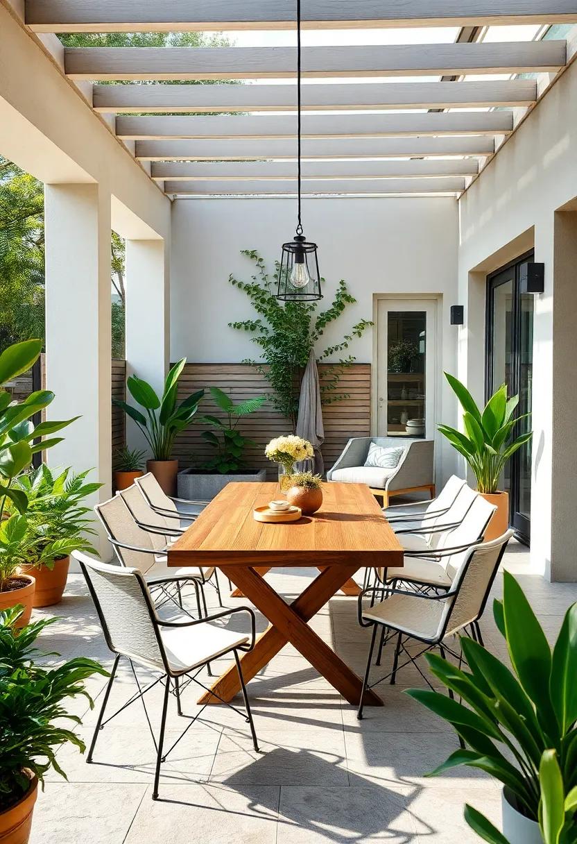 Embrace Minimalism: A sleek wooden table paired with simple white chairs brings elegance to your patio while allowing nature to take center stage