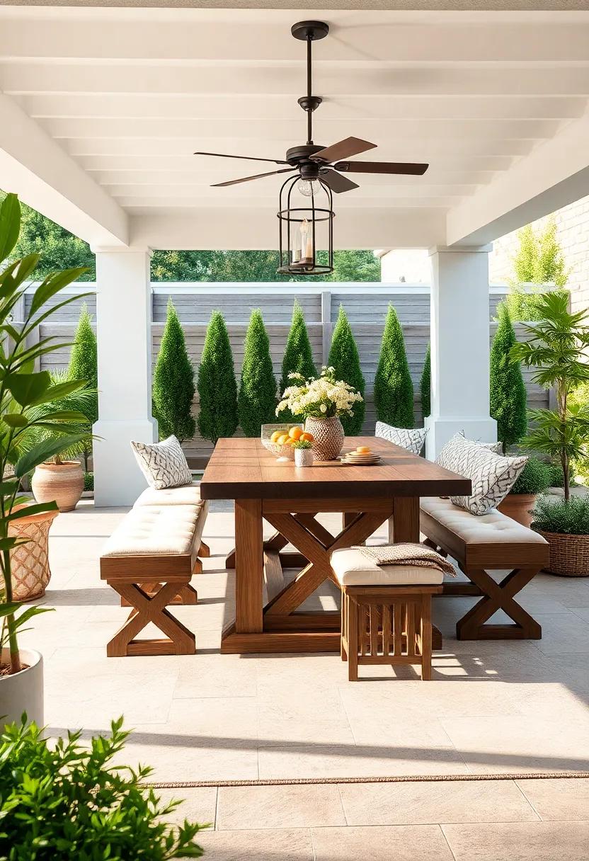 Farmhouse Flair: A classic farmhouse table with thick legs paired with benches invites casual dining and relaxed gatherings, perfect for family feasts