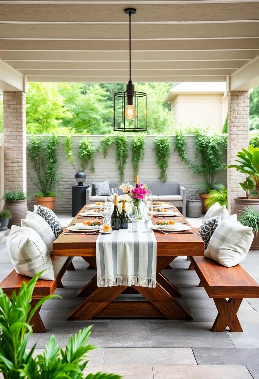 Garden party Retreat: Opt for a large picnic table where guests can gather comfortably, adorned with simple centerpieces and tableware for casual outdoor dining