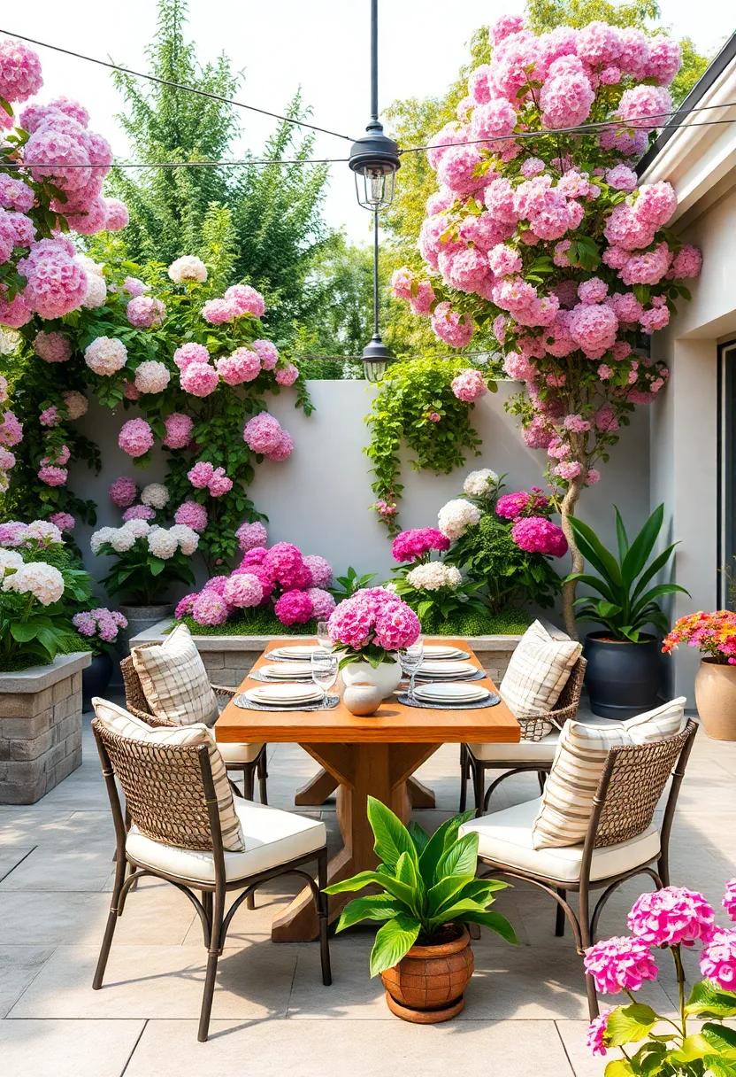Hydrangea Haven: Situate your set amidst blooming flowers for an enchanting outdoor experience, where nature acts as your dining backdrop