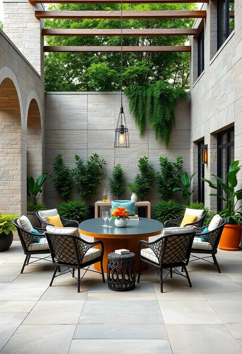 outdoor Lounge: Combine a dining set with lounge chairs in a circular layout, creating an inviting atmosphere that encourages relaxation and conversation