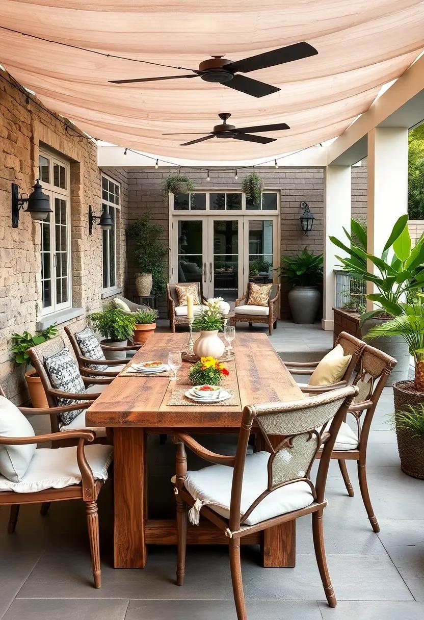 Rustic Charm: A reclaimed wood table with mismatched antique chairs offers a warm, inviting space that's ideal for family gatherings or friendly barbecues