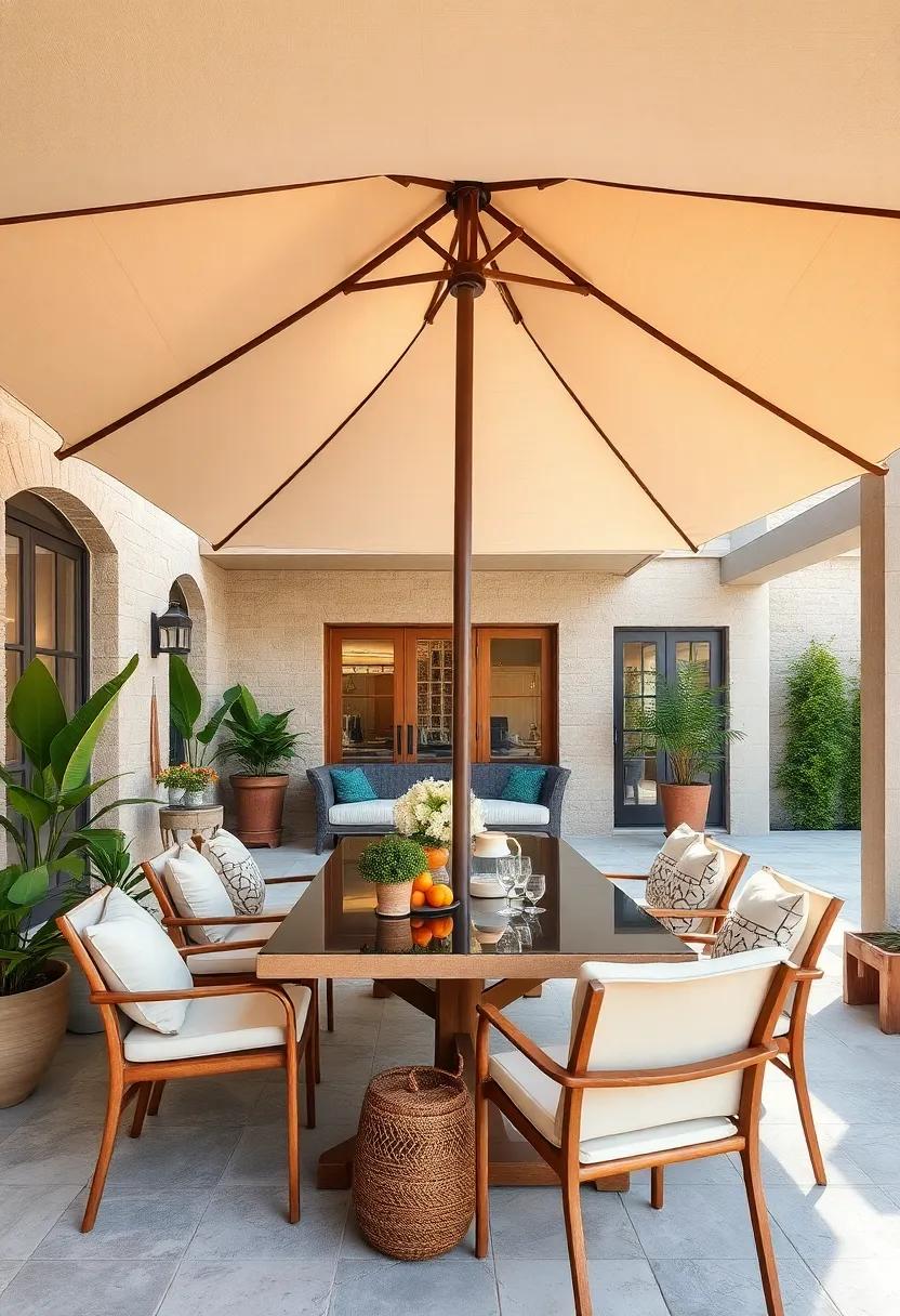 Umbrella Shade: A large umbrella over a dining table not only protects from the sun but also adds a touch of elegance, perfect for sunny afternoons