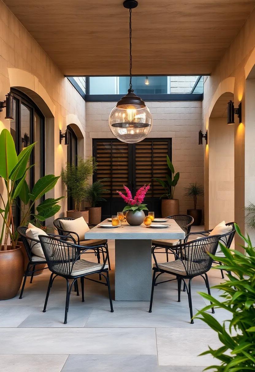 Urban Chic: Sleek concrete tables paired with chic metal chairs strike the perfect balance between modern design and urban charm