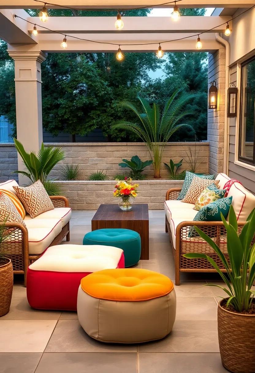Bohemian Bliss: Transform your outdoor space with a vibrant, eclectic⁣ set adorned ‍with colorful cushions and versatile‍ ottomans for an inviting atmosphere