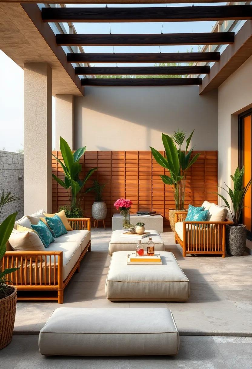 zen⁣ Retreat: Create a tranquil patio​ space with a natural bamboo set, featuring modular ottomans ‍that⁣ promote relaxation and stress relief