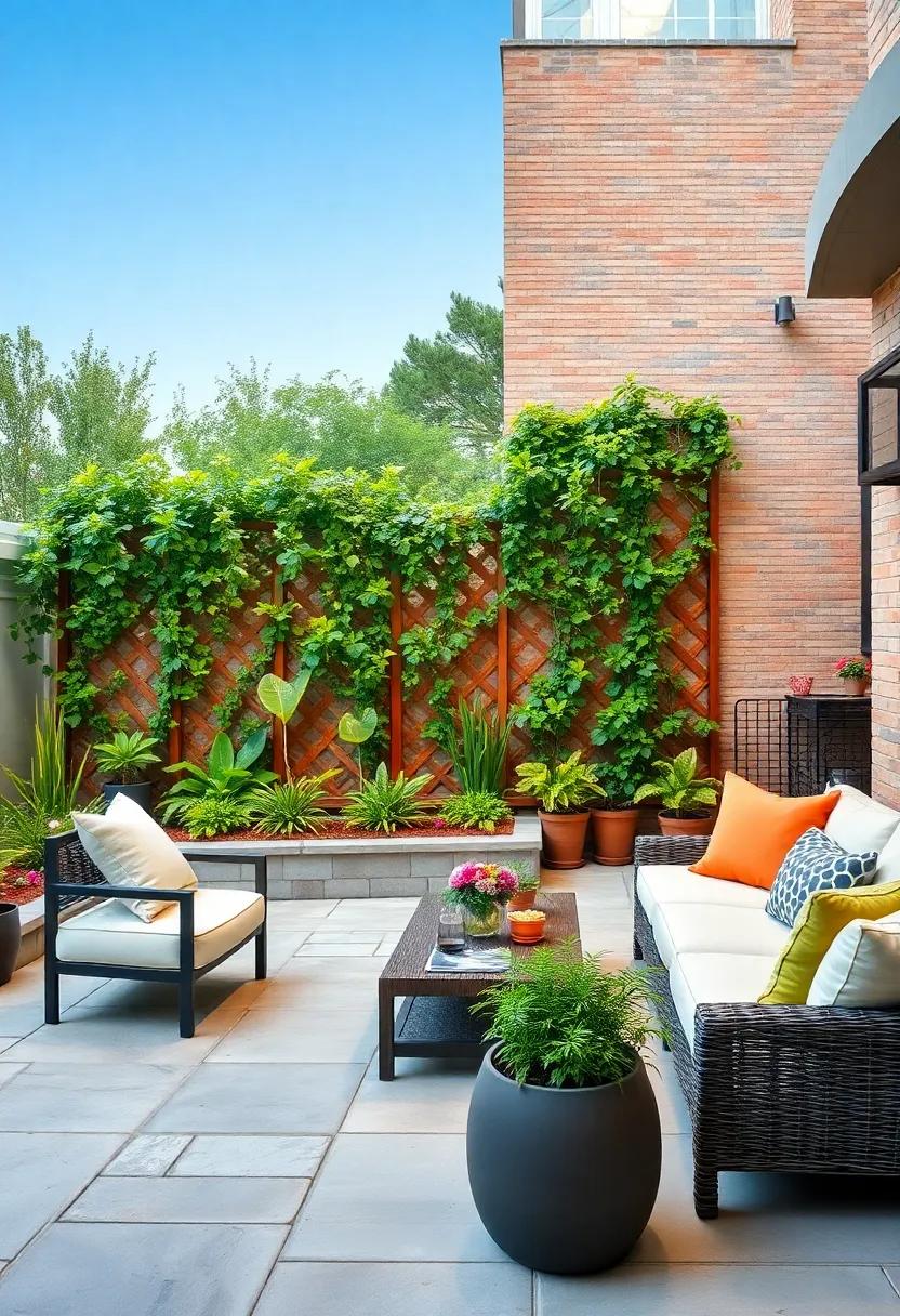 Lattice Screens with⁢ Climbing Plants: Incorporate lattice screens adorned with ​climbing ‍plants ‌to‍ provide privacy while ⁣doubling as a beautiful green​ partition between your patio and⁣ garden