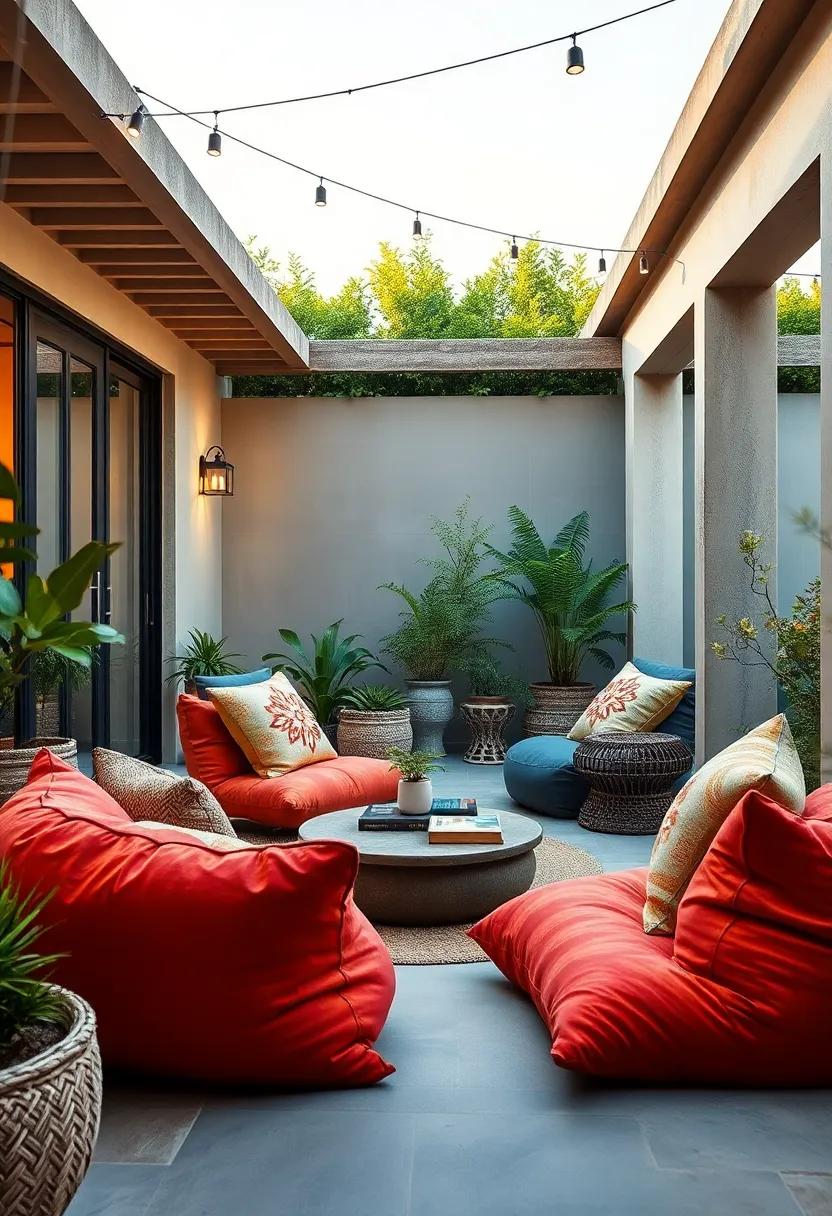 Cushion Paradise: Scatter large floor cushions or bean bags on your patio,inviting a relaxed atmosphere for long reading marathons