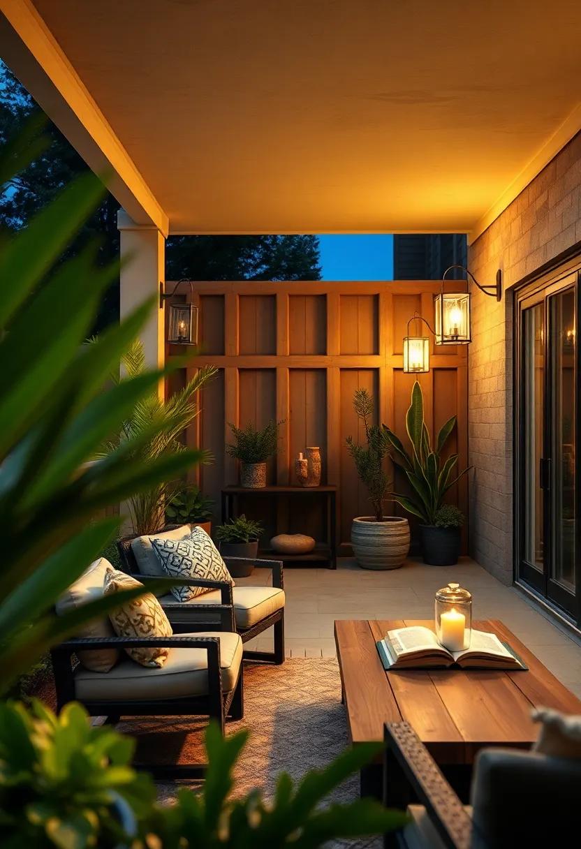 Glowing Lanterns: Hang lanterns or lantern-like sconces to illuminate your patio at night,creating an inviting atmosphere perfect for late-night reads