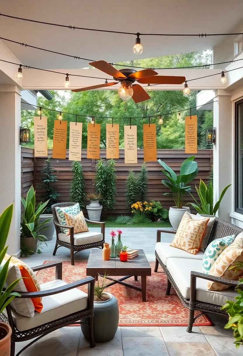 Personalized Bookmarks: Fill your patio with DIY bookmarks hanging from a line, each showcasing quotes from your favorite authors