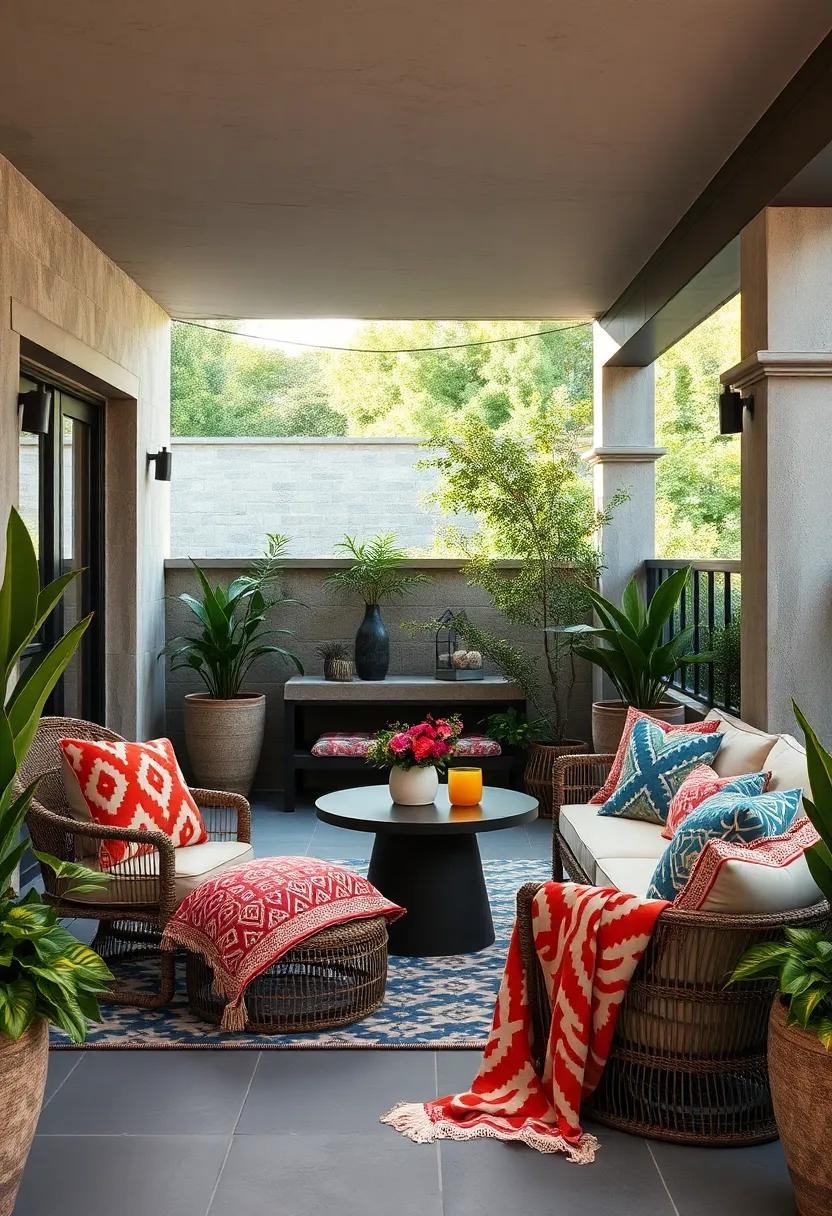 Choose prints that pop: Opt for vibrant geometric or abstract patterns to serve as a focal point for your outdoor decor scheme