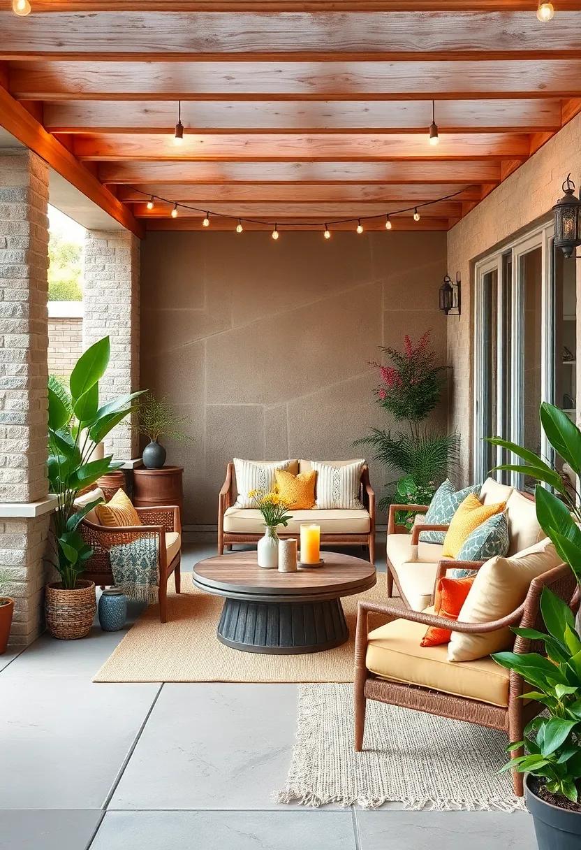 Create a themed setup: Design your patio around a specific theme – like a tropical escape or rustic retreat – using cushions and throws that match your vision