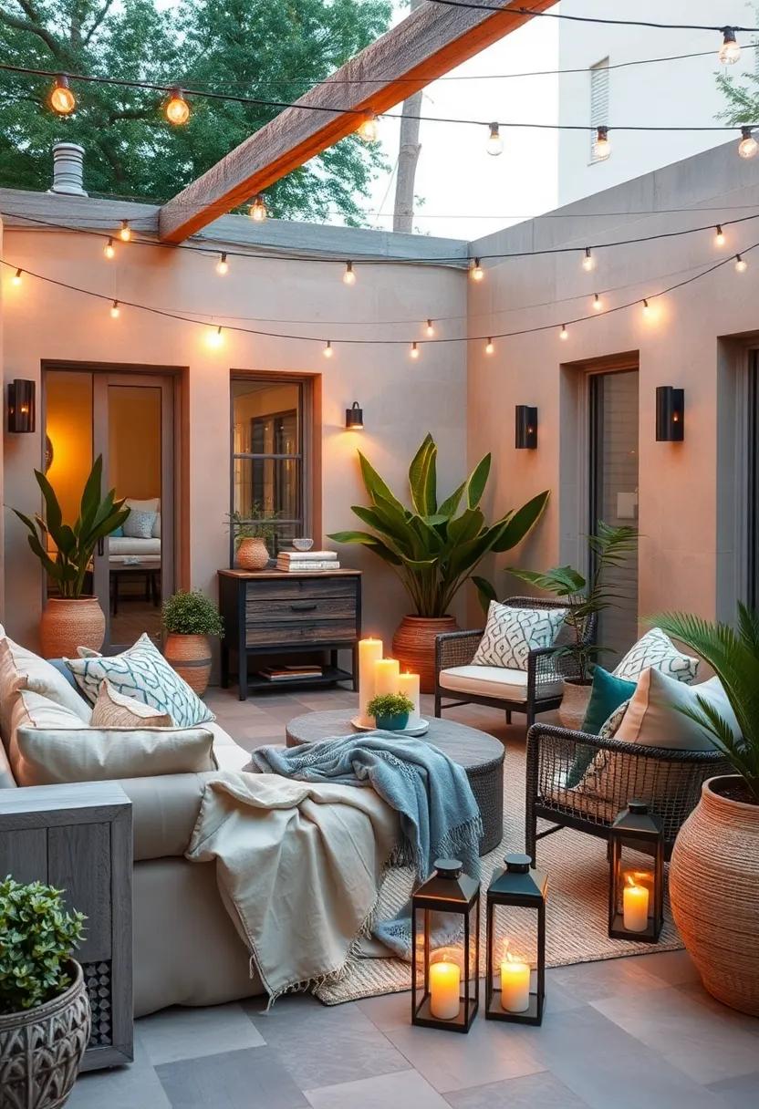 Introduce lighting: Incorporate soft string lights or lanterns,and drape a throw over the seating area to create an inviting evening atmosphere