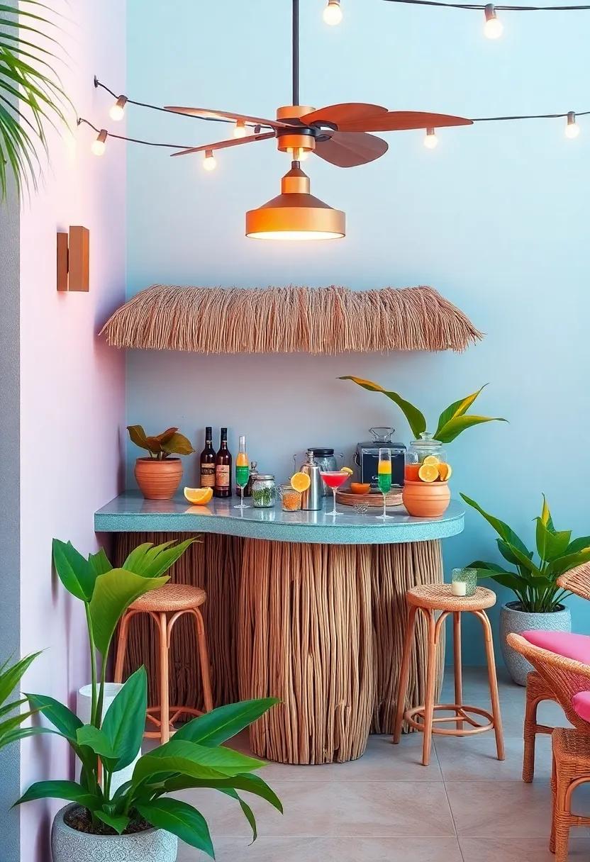 Beachy Bar Vibes: Designate a corner for a tiki bar complete with colorful cocktails non-stop, transforming your patio into a cheerful social hub