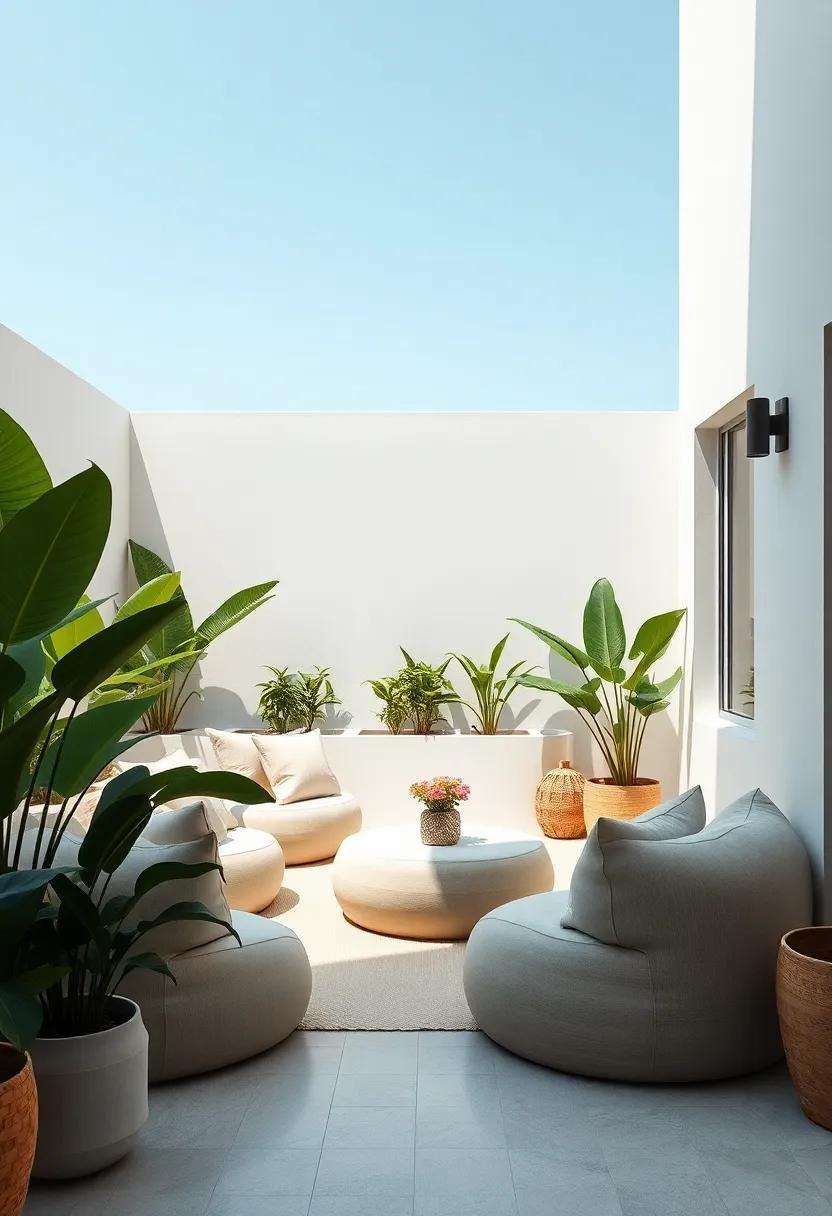 Cozy Corners: Create nooks with oversized bean bags or chic poufs where you can lounge and enjoy a moment of tranquility amidst the tropical foliage