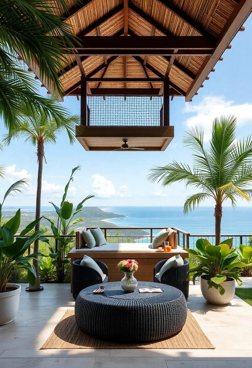 Elevated Viewpoints: add a stylish lookout tower or a raised platform with seating for a panoramic view of your surroundings, enhancing the tropical experience