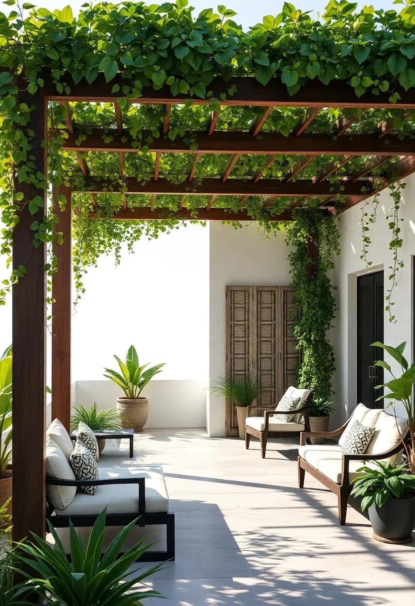 Embrace the Shade: Install a beautiful pergola adorned with climbing vines to create a cool and inviting space perfect for lounging on hot days