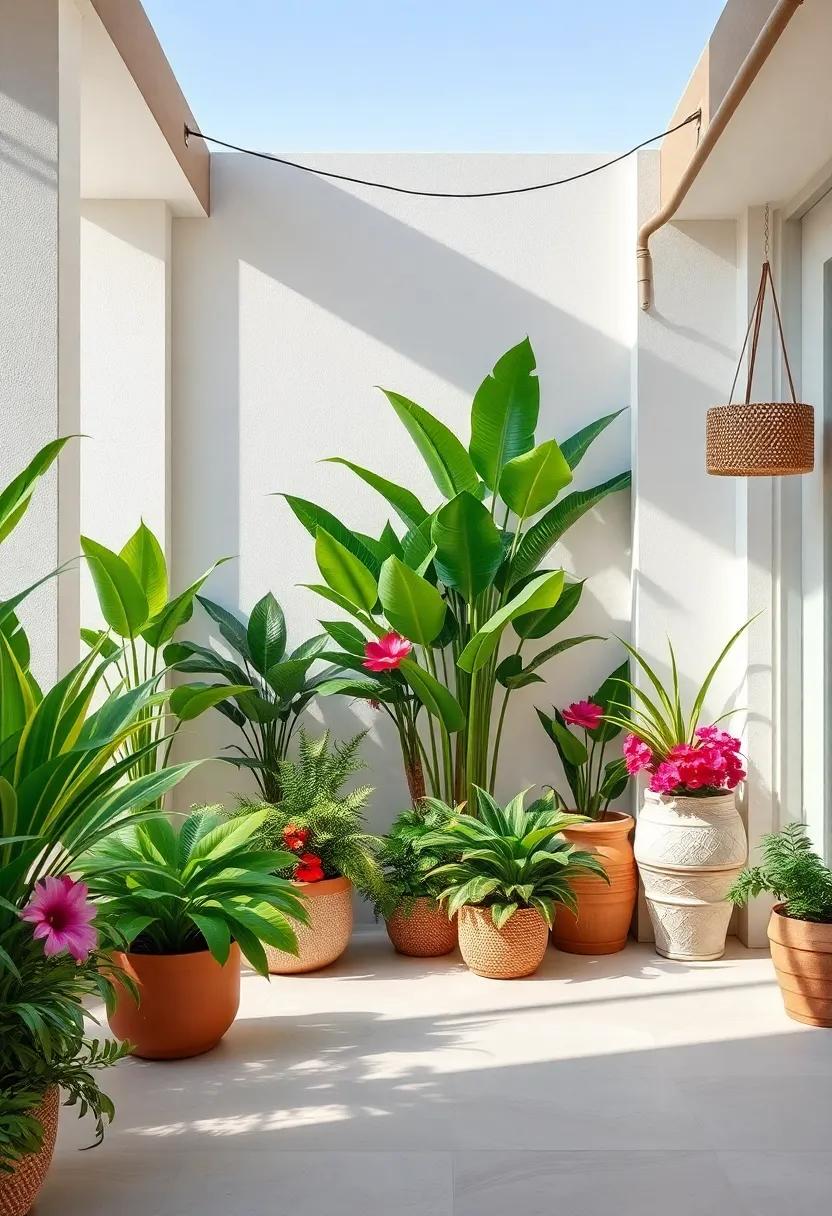 Lush Greenery: Transform your patio into a tropical paradise by incorporating a variety of potted plants, including ferns, palms, and vibrant flowers
