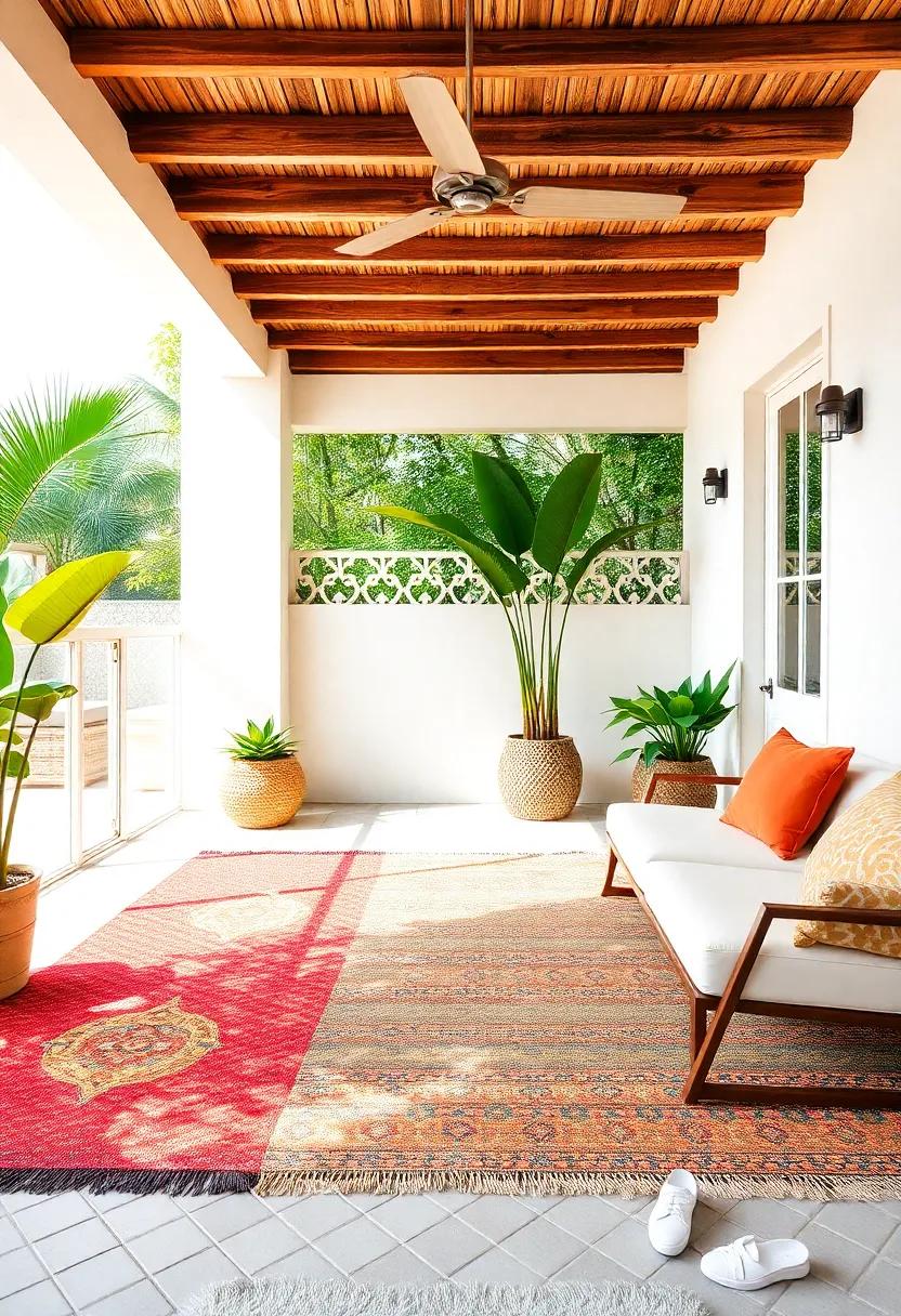 Outdoor Rugs: Define your patio area with colorful, weather-resistant rugs that bring style and comfort underfoot, mimicking the feel of a sandy beach