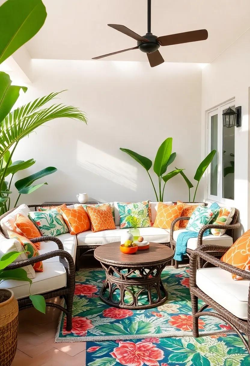Tropical Textiles: Incorporate soft cushions and throws in bold patterns and colors, enhancing the comfort and vibrancy of your patio seating