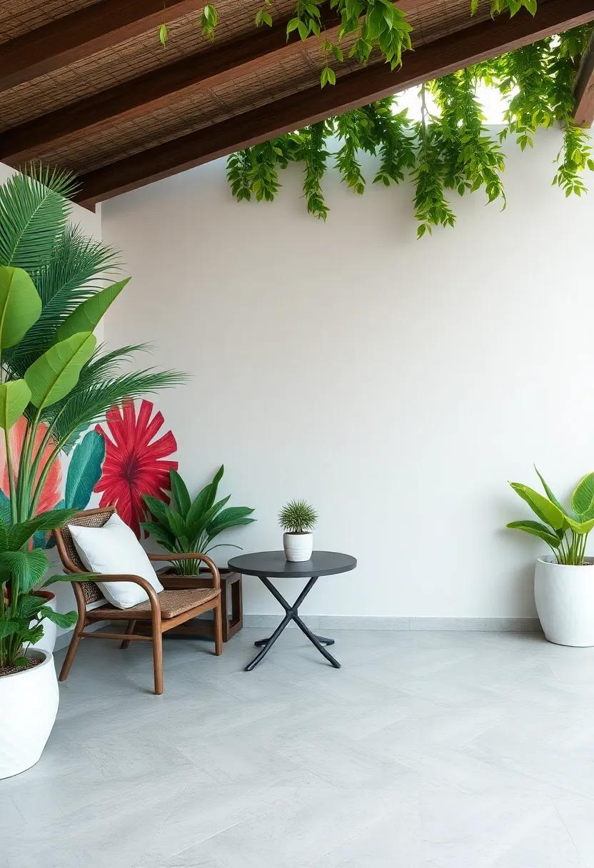 Tropical prints: Decorate with vibrant art or wall murals that capture the essence of a tropical landscape, brightening your exterior walls