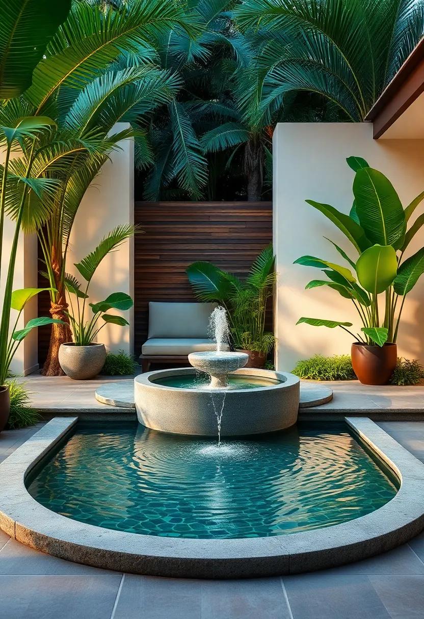 Water Features: Incorporate a small fountain or pond to bring soothing sounds and a serene touch to your outdoor space, enhancing the tropical ambiance