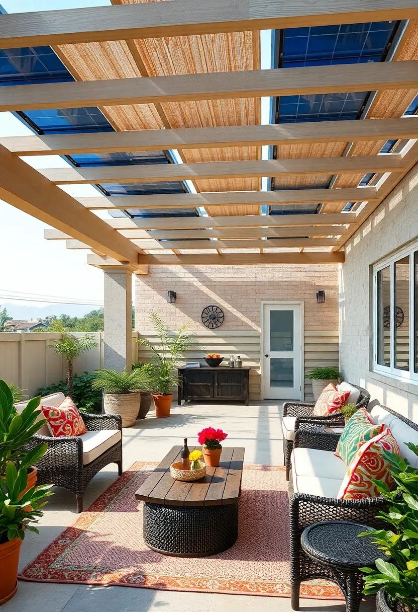 Go green‌ with a sustainability-focused patio that ⁢features a pergola covered in solar panels, providing shade while harnessing renewable⁣ energy for​ your outdoor space