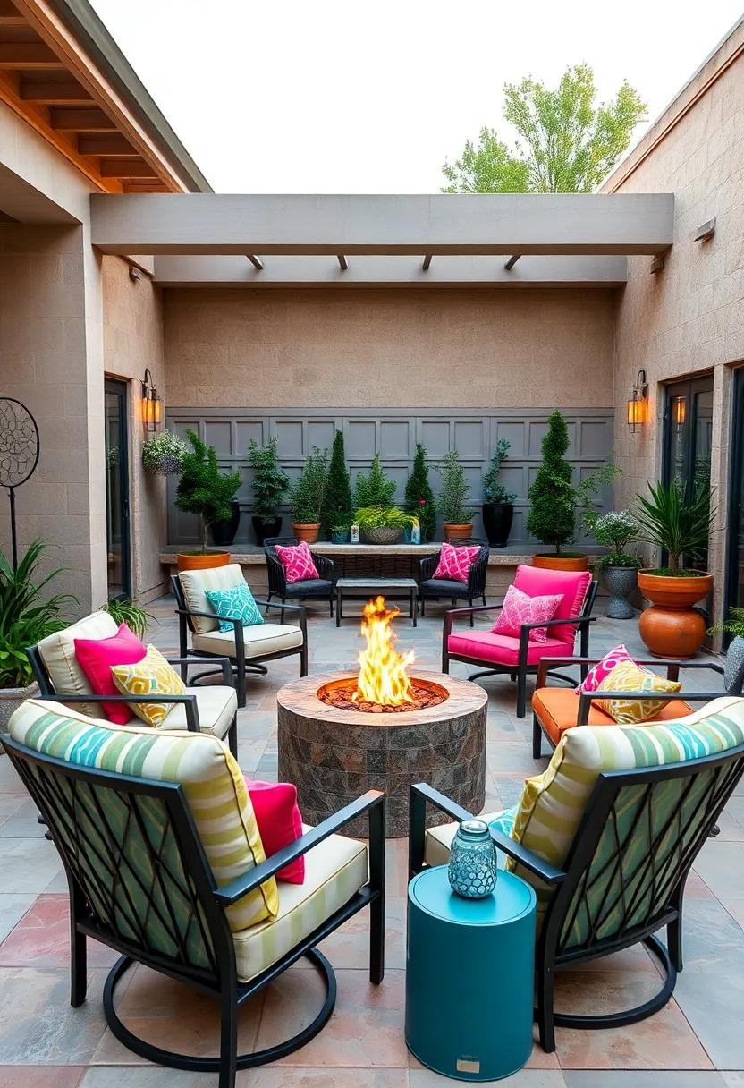 Inject a splash of color into ⁢your ⁢patio with vibrant lounge chairs paired ‍with a geometric-patterned fire pit,⁣ making your space the go-to hangout for creative souls