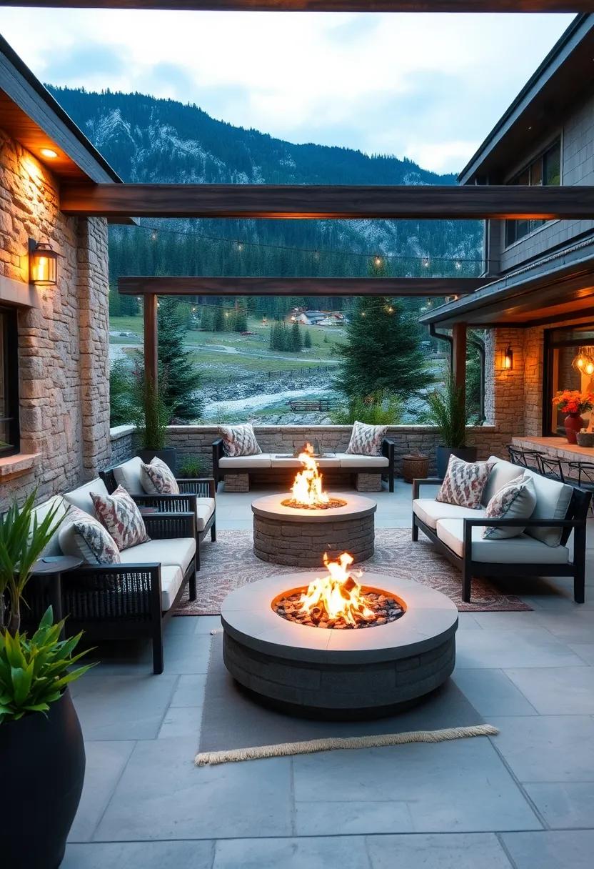 Invite the ​allure of the⁢ mountains with‍ a rugged lounge area⁣ showcasing wooden beams, complemented by a sturdy fire‌ pit that warms the space and hearts
