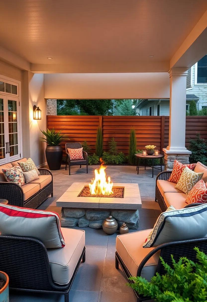 Create a casual setting with a colorful mix of outdoor cushions surrounding ‍a bold fire pit, making it ⁢a​ welcoming ‌spot for ⁣family and friends to gather